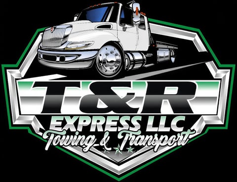 T&R Express LLC Towing and Transport logo featuring a white commercial truck with green and silver badge design